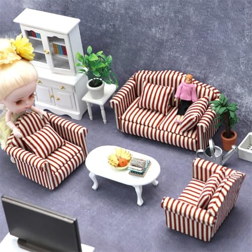 Sofá para casa de muñecas a rayas con almohadas en escala 1:12 6