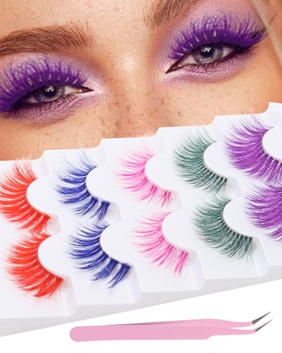 Outopen 5 Pairs Colored False Lashes - Long, Colorful Lashes Extensions with Clear Band - 3D Thick Volume Wispy Lash Clusters (B08-Color Lashes 5 Pairs)