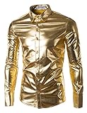 JOGAL Herren Metallic Glänzend Bronzing Nachtklub Party Langarm Hemd Medium Gold