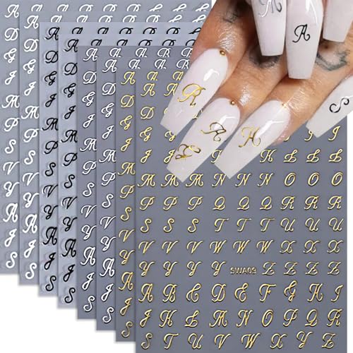 Letter Nail Stickers 8 Sheets Old English Letter Nail Decals 3D Self-Adhesive Gold Silver Black White Retro English Pattern Old Alphabet Cursive Design Manicure Nail Accessories for Women Girls