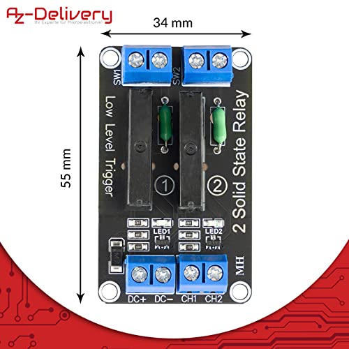 AZDelivery 2 Kanal Relais Modul 5V DC Solid State Relais Low Level Trigger Power Switch Relais Board kompatibel mit Arduino und Raspberry Pi