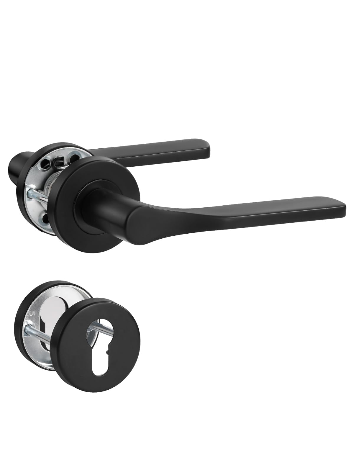 SORWDUERM Maniglia nera per porta, in acciaio inox spazzolato opaco, maniglia per porta e porta interna, a forma di L, rosetta rotonda, PZ - cilindro profilato