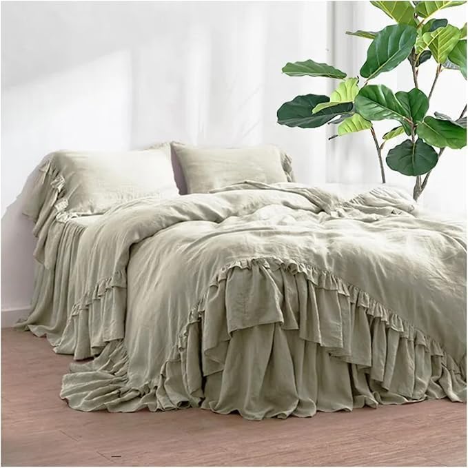 Linen Double Ruffle Duvet Cover Set, French Linen Bedding Set Shabby Chic Ruffled Duvet Cover with Extra Long Ruffles, Queen King Cal King 3 PCS Set (Grape, US King)