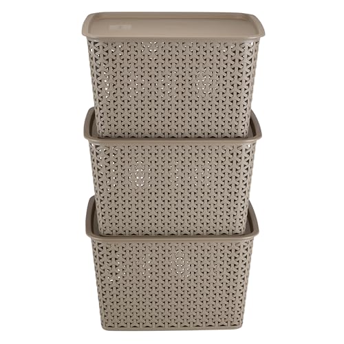 Image of KOLORR Royal Baskets 3 Large Basket with 3 Lid - LT Brown | stackable| easy to clean | strong and durable | BPA free | Multipurpose Plastic Storage Basket, Rectangular
