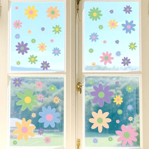 Gosknor 138pzs Calcomanías Coloridas Margaritas para Ventanas, Calcomanías Flores Ventanas Doble Cara Decoraciones Primavera Boho Pegatinas Florales para Hogar Oficina Tienda Decoración del Aula