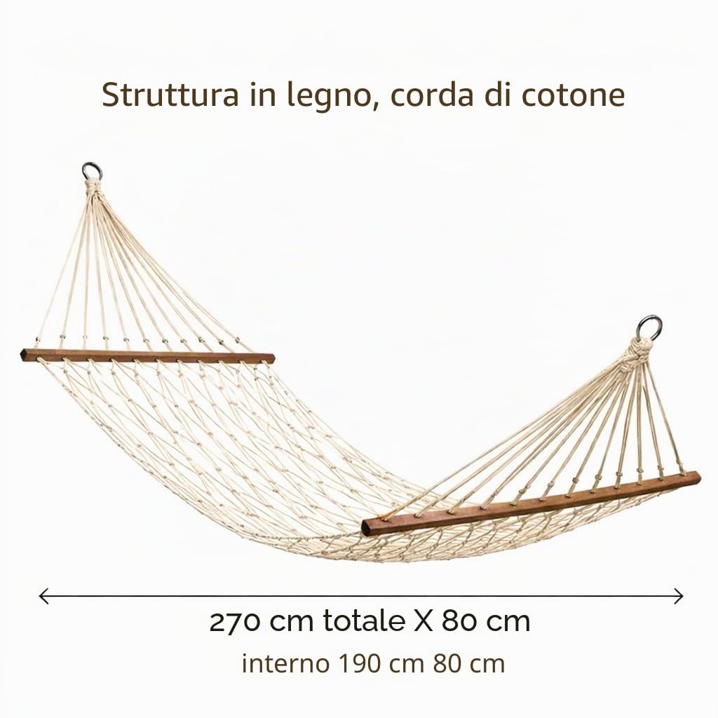 Amaca Macramé in cotone 270 x 80 cm (zona utile 190 x 80 cm), Amaca in rete stile boho per giardino, terrazza, interno, campeggio, camper o caravan,