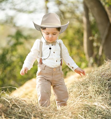 Image of Jastore Kids Girls Boys Wide Brim Western Cowboy Cowgirl Hat with Wind Lanyard Felt Fedora Hat