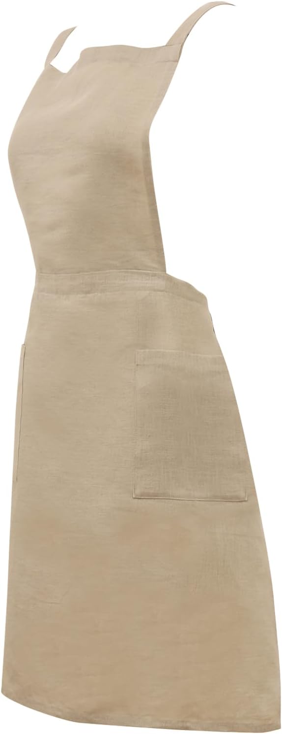 100% Linen Apron Cross Back Dress with 2 Pockets For Women Men Adjustable Button Apron Waitress Server Cooking