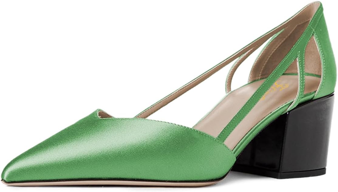 FOWT Women Pointed Toe Block Low Heel Solid Satin Pumps Slip on Trendy Daily Commuting Casual Shoes Size 4-16 US