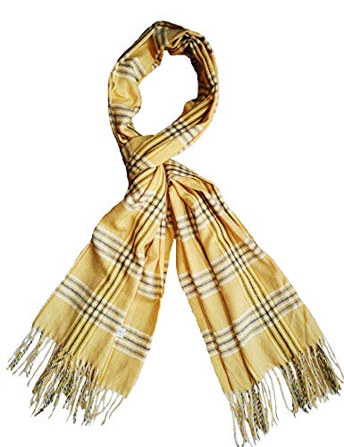 Hottime 2 PLY 100% Cashmere Scarf Elegant Collection Made in Scotland Wool Solid Plaid - Soft Long Scarves Winter Warm Fringed Shawl Yellow