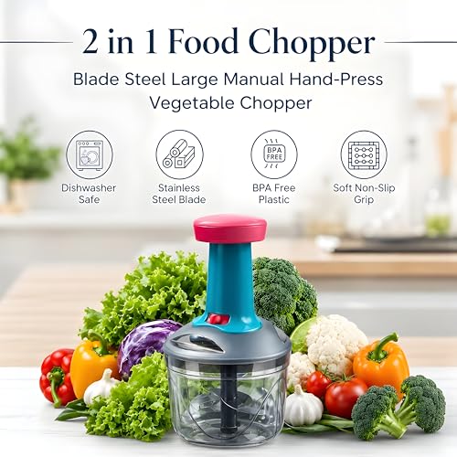 Image of iKAN Manual Hand Press Push Chopper with 3 Blades for Effortless Chopping Vegetables & Fruits (Assorted, 700 ml, Plastic)
