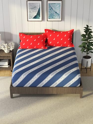 Image of NAUTICA Cotton King Bedsheet with 2 Pillow Covers -3pc Set (noridge) | 160TC | Super Soft Touch Stripe-Blue
