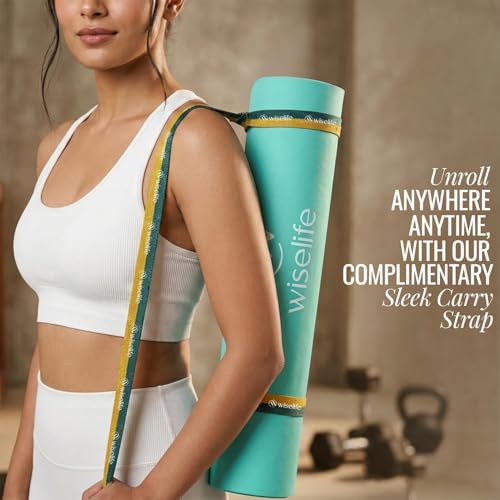 Image of Wiselife Printed Exercise Yoga Mat with Carry Strap, Anti-Slip Fitness Mat for Yoga, Pilates, Stretching & Home Workout (Cyan Wave)
