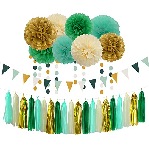 Image of Sage-Green Beige-Gold Baby Bridal-Shower Decorations - 30pcs Rustic Wedding Tissue Pom Poms,Tassel Garland Banner,Birthday Gender Reveal Bachelorette Engagement Party Decor Bunting Lasting Surprise