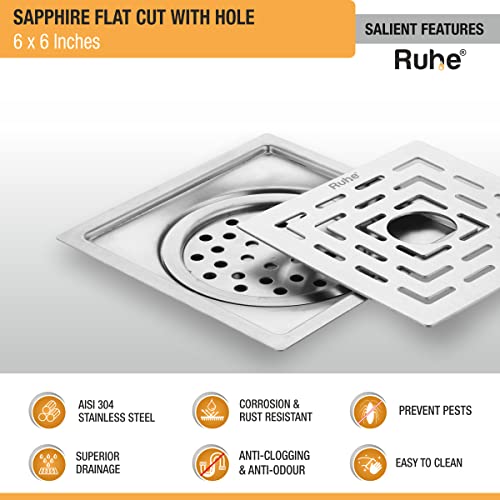 Image of Ruhe Sapphire Square Flat Cut Floor Drain | 304-Grade Stainless Steel Floor Drainer with Hole & Cockroach Trap (6 x 6 Inches) | Floor Drainer for Bathroom, Balcony