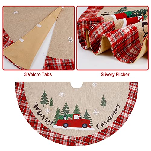 Juegoal 48 Inch Christmas Tree Skirt, Burlap Xmas Tree Mat With Red And White Plaid Edge, Dog In Truck Merry Christmas Base Cover For Tree New Year Party Home Holiday Decorations #TOP3