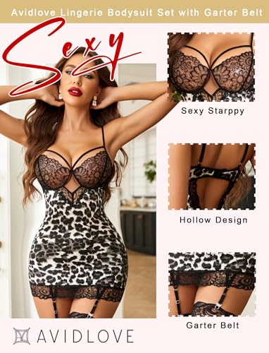 Image of Avidlove Lingerie for Women Teddy Bodysuit with Garter Belt Lace Babydoll Full Slips No Stockings