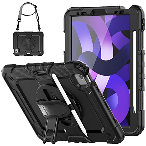SEYMCY for iPad iPad Air 5th /4th Generation Case 10.9 inch 2022/2020, iPad Pro 11 inch Shockproof Case with Screen Protector, 360°Rotating Stand Hand Strap, Carrying Strap, Pencil Slot, Black