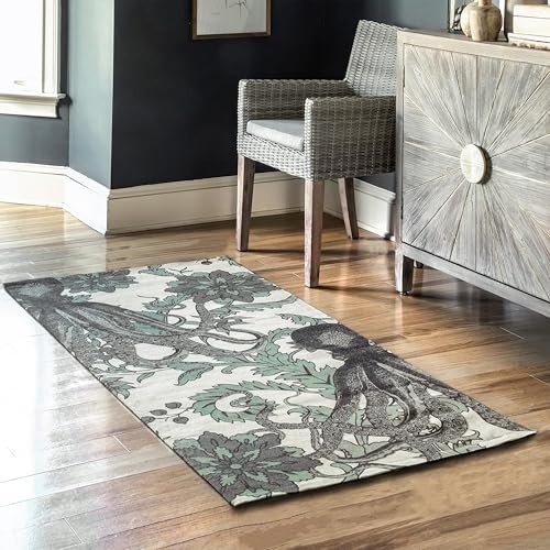 Image of Hand Woven 100% Natural Cotton Export Quality Designer Rug,Carpet, Bed Side Runner for Bedroom,Living Room, Size-2x5 feet or 60 cms x 152 cms (Green Octopus)