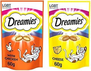 Dreamies Cat Treats Bundle - 2 Flavours - Tasty Chicken & Delicious Cheese 60g (one of each) + Dragonfly Products Cat Snacks 50g