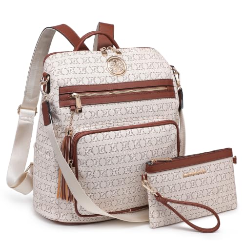 Image of JULIE FERRARO Women Convertible Backpack Purse, Large PU Leather Travel Backpack with Multi Pockets, Shoulder Handbag Set with Wristlet for Work, Travel & Daily Use