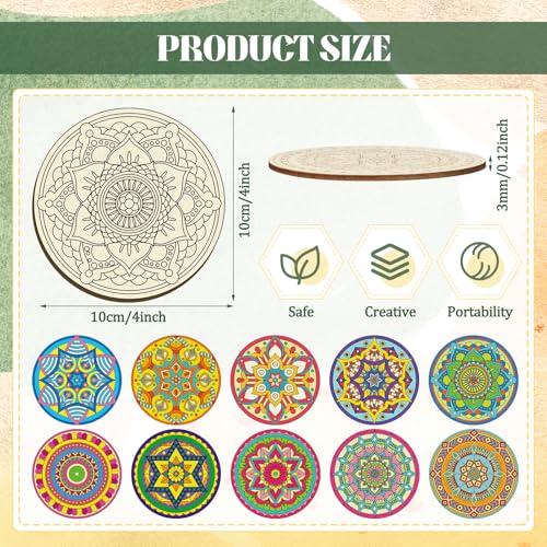 Reallnaive 45 Pcs Wooden Coasters Painting Set with Markers 4 Inch Boho Drink Coaster Gift Arts and Crafts DIY Kit for Adults, Women, Hobby, Christmas Ornament Home Apartment Decor (Mandala)
