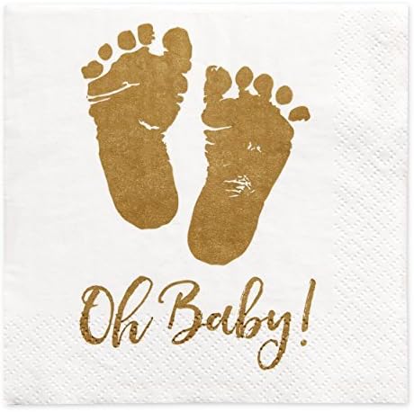 100 Baby Shower Napkins Oh Baby Beverage Napkins 3-Ply Gold Feet White Paper Cocktail Napkins for Boy and Girl Baby Shower by Gift Boutique