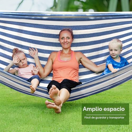 Miniatura 7 de Hamacas Colgantes, Hamaca Jardin Exterior Con Travesaño Und Bolsa De Transporte, 275 X 155 Cm, Capacidad De Carga De 250 Kg, Tela Cómoda Fácil De Montar Azúl Blanco