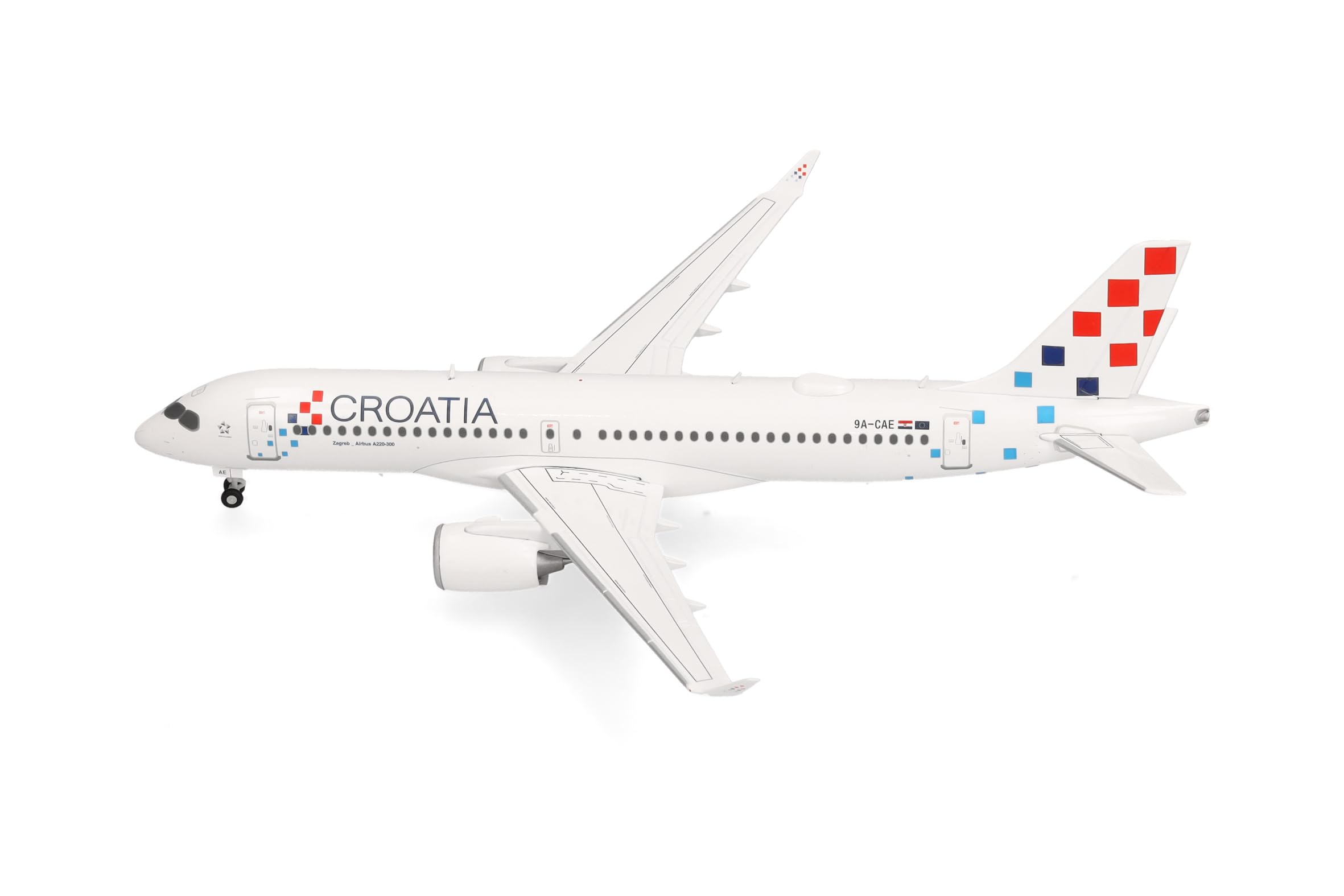 Herpa Modellflugzeug Croatia Airlines Airbus A220-300, Miniatur im Maßstab 1:200, Sammlerstück, Flugzeug Modell ohne Standfuß, Metall