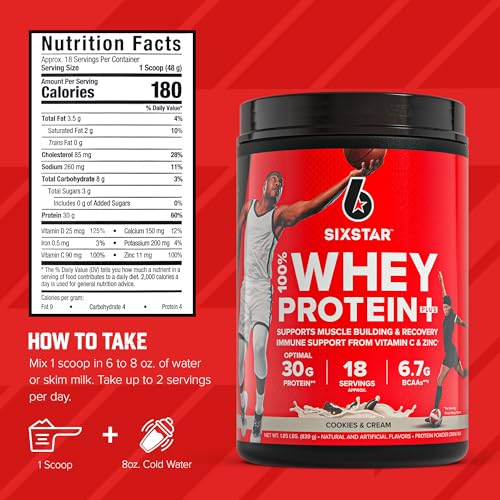 Image of Six Star Whey Protein Powder Plus - Muscle Building & Recovery Formula with Whey Isolate Powder, BCAAs, 30g Protein, Immune Support - Post-Workout Supplement - Cookies and Cream, 1.8 lbs