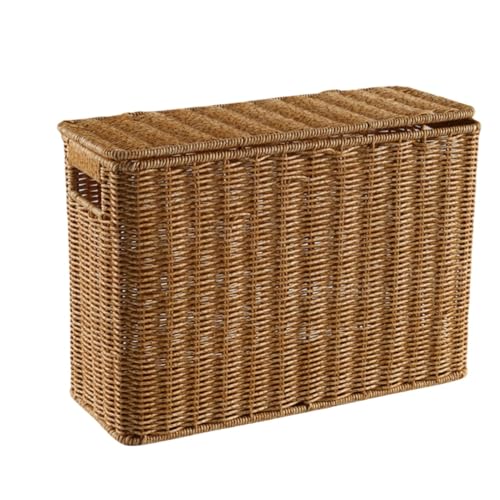 Kirnuo収納バスケット、収納ボックス、収納ボックス、蓋付き模造籐の狭くて背の高い家庭用隙間、薄い籐、蓋付きファイルラック、ハンドル付きの狭いブック、マガジンラック、ランドリー、長方形の収納バケツ、おもちゃ、くずかご、おもちゃ、ゴミ箱、 (小さい)