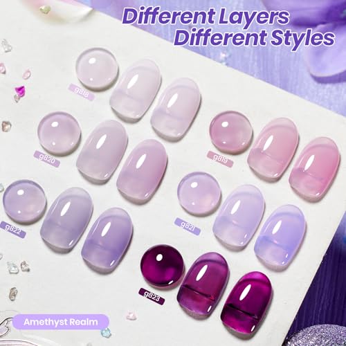 Image of Beetles Amethyst Realm Jelly Purple Gel Nail Polish Set - 6 Colors Spring Gel Polish Kit Jelly Purple Sheer Translucent Effect Soak Off UV French Nail Art Salon DIY Manicure Gift for Women
