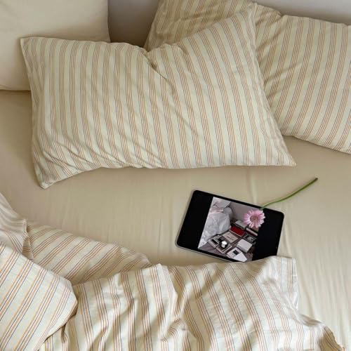 Image of Nayoroom Striped Duvet Cover Queen Cream Yellow Stripe Bedding Set