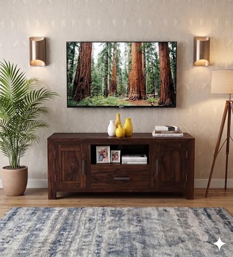 Image of Sheesham Wood Entertainment TV Unit Cabinet with Drawer and Shelf Storage for Home Living Room Solid Wooden Furniture for Hall & Office Decor - (Walnut Finish)