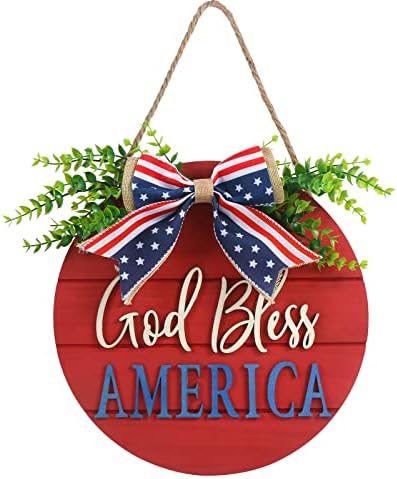 4th of July Patriotic Wreaths for Front Door, Americana Memorial Day God Bless America Patriotic Decor, Independence Day Summer Farmhouse Patriotic Door Hanger, Red White Blue Sign