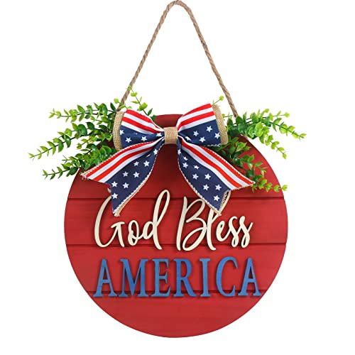 4Th Of July Patriotic Wreaths For Front Door, Americana Memorial Day God Bless America Patriotic Decor, Independence Day Summer Farmhouse Patriotic Door Hanger, Red White Blue Sign #TOP30