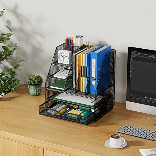 VIVSOL Desk Organizers and Accessories Storage with Large Vertical File Holder, Desk Organizers with Sliding drawers and Movable Pen Holder, Desk Organizer Shelf for Office Supplies (Style D)