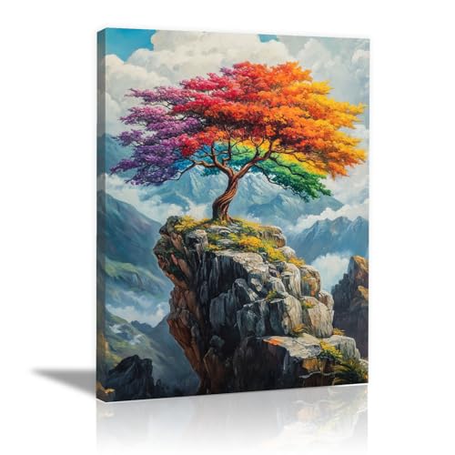 Arbre de vie impression sur toile murale rouge CUDAOO cadre bois deco maison salon 70x100