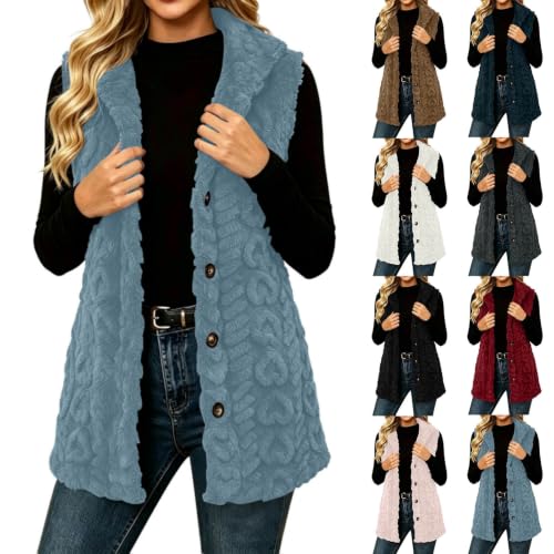 Hooded Fleece Vest Women Long Plush Sleeveless Jacket Button Down Outerwear - image 1