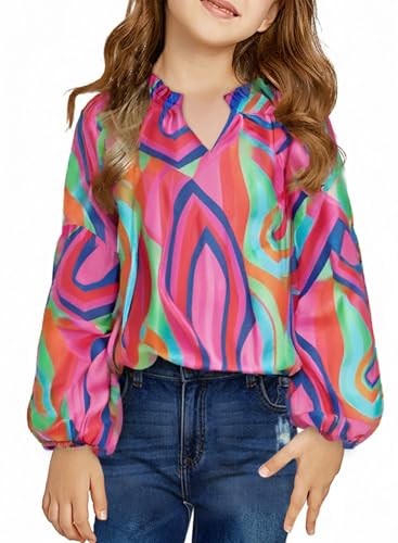 Image of blibean Girls Flower Bell Long Sleeve Blouse Fall Floral Tops 4-15 Years | Kids Flowy V-Neck Bell Long Sleeve Tops, Boho Flower Print Loose Fit Tunic, Spring Fall Cute Casual Dress Bohemian Clothes
