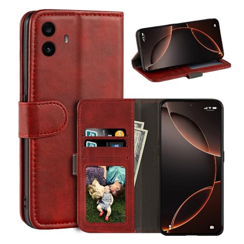 UOGNADGD レザーフリップカバー Nothing CMF Phone 1 との互換性あり カードスロット付きウォレットケース、マグネットクロージャー、キックスタンド、RFID耐衝撃フォリオ (レッド)