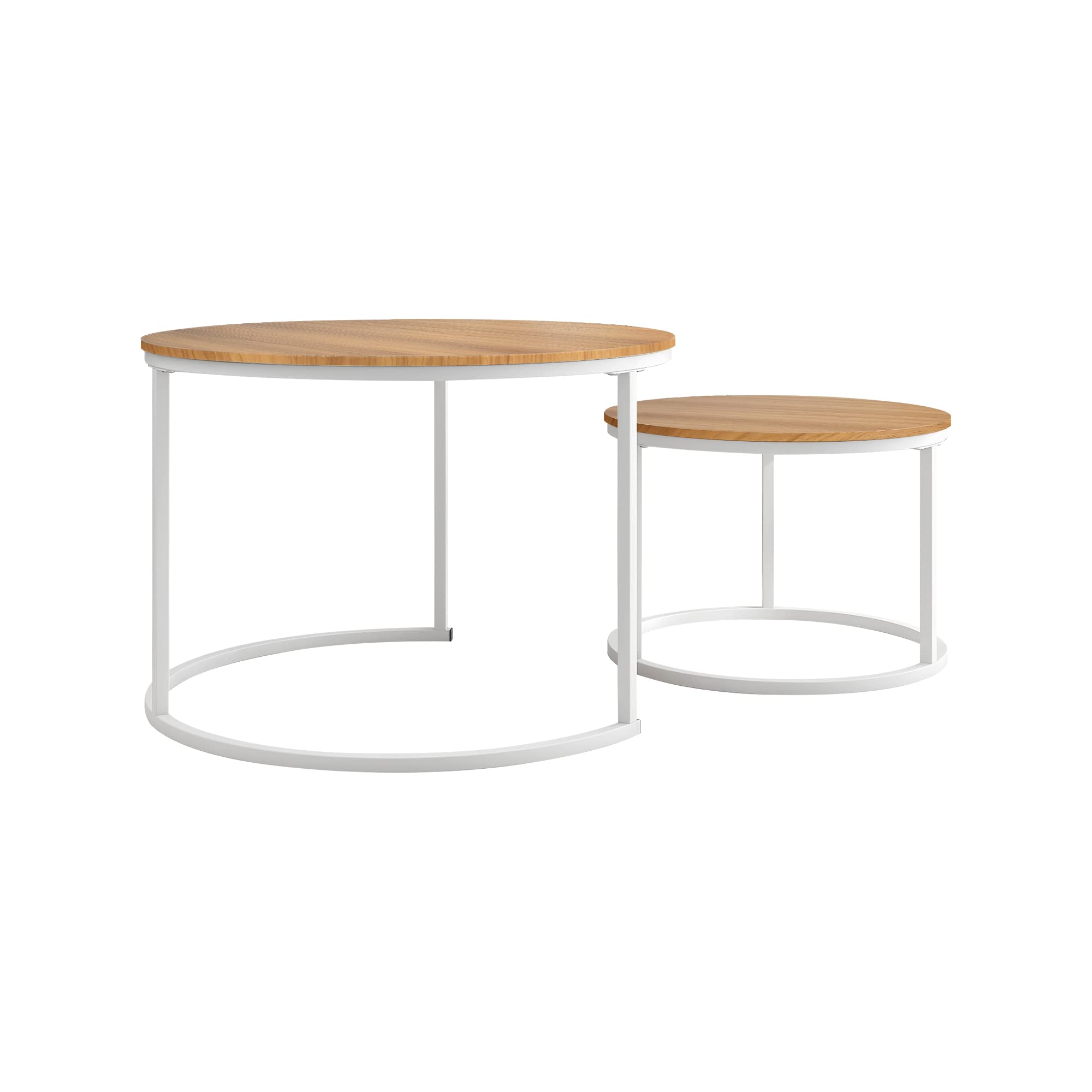 BOFENG – Lot de 2 tables basses gigognes rondes pour salon/chambre/petit espace (blanc + chêne)