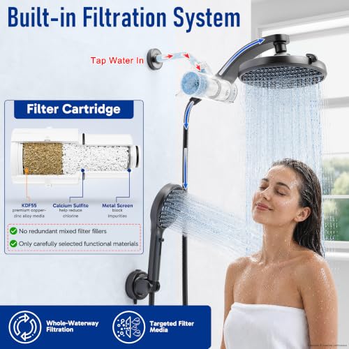 Image of Veken Filtered Shower Head with Handheld, Multi-pattern Rain Showerhead Set | High Pressure Power Wash, Dual Showerheads Combo with One Filter, 9-Function Hand Held Sprayer,Detachable, Matte Black