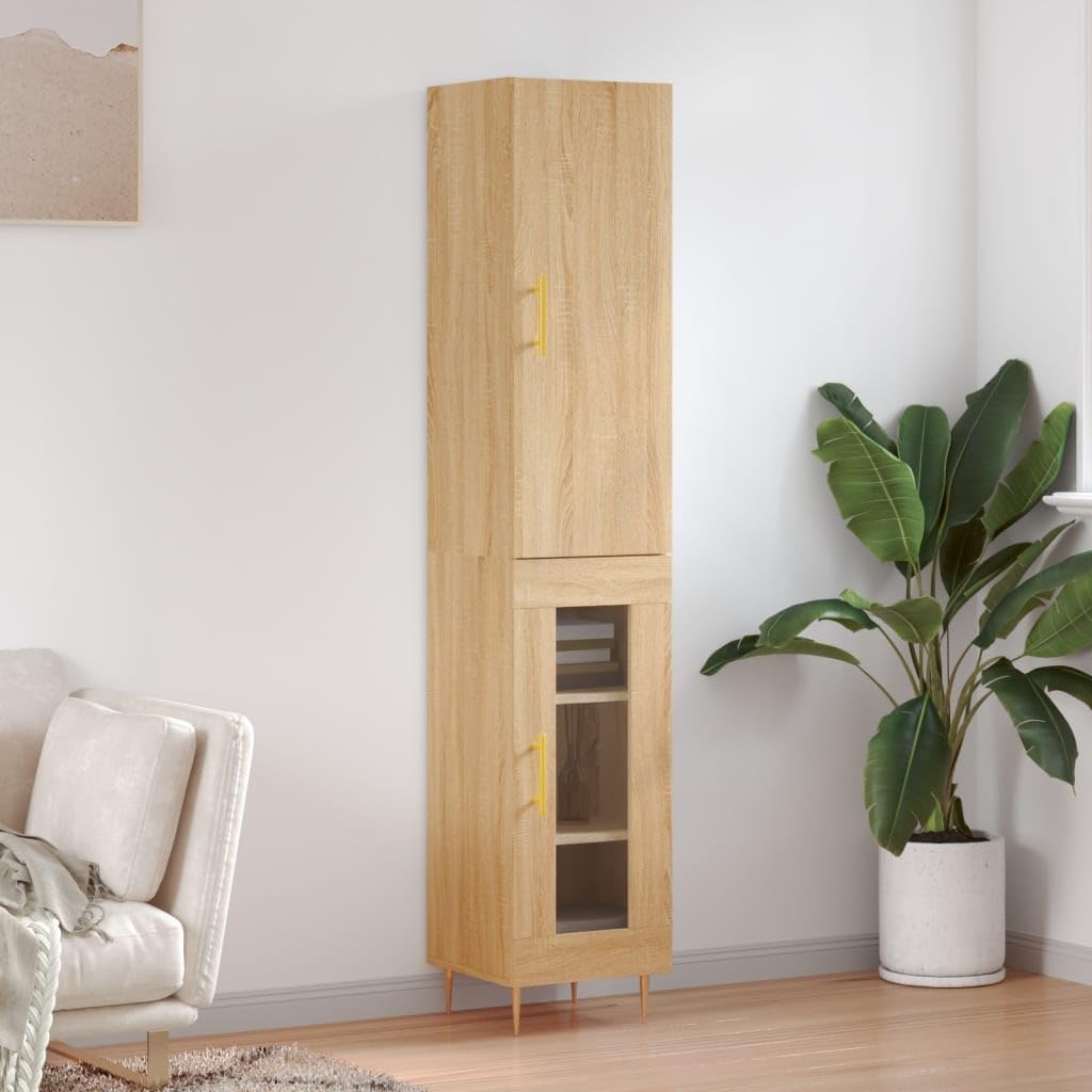 Meuble haut en bois de chêne Sonoma 34,5 x 34 x 180 cm avec beaucoup d'espace de rangement, portes, pieds en métal, buffet moderne et commode pour salon, salle à manger, couloir, bureau
