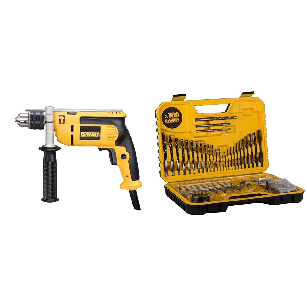 DEWALTDEWD024K DWD024KS 230 Volt Percussion Drill 13 mm with Kitbox, 701 W, Yellow/Black & DT71563-QZ Combination Drill BIT Set 100 Piece Set