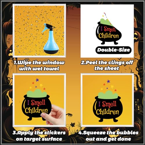 Image of 92Pcs Halloween Window Clings - Hocus Pocus Window Clings,I Smell Children Witch Clings for Glass Windows,Reusable Double Sided Static Window Stickers for Halloween Decorations(9 Sheets)