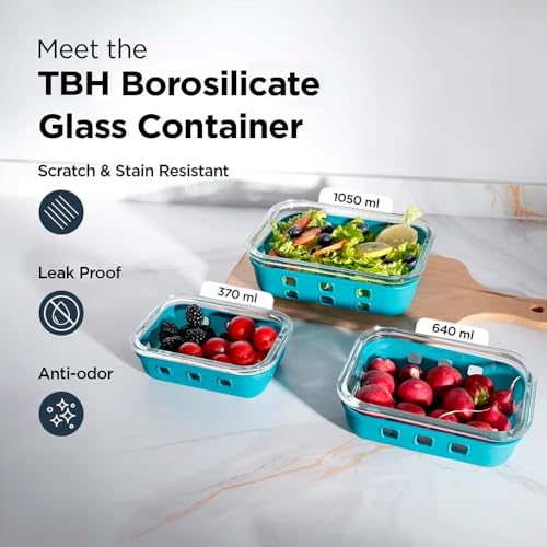 Image of The Better Home Borosilicate Glass Food air Tight Glass Container for Kitchen Set of 3 Blue | Silicone Sleeves & Lock Lids | Kitchen containers Set | Microwave-Safe| Lunch Box | 1050ml 640ml 370ml