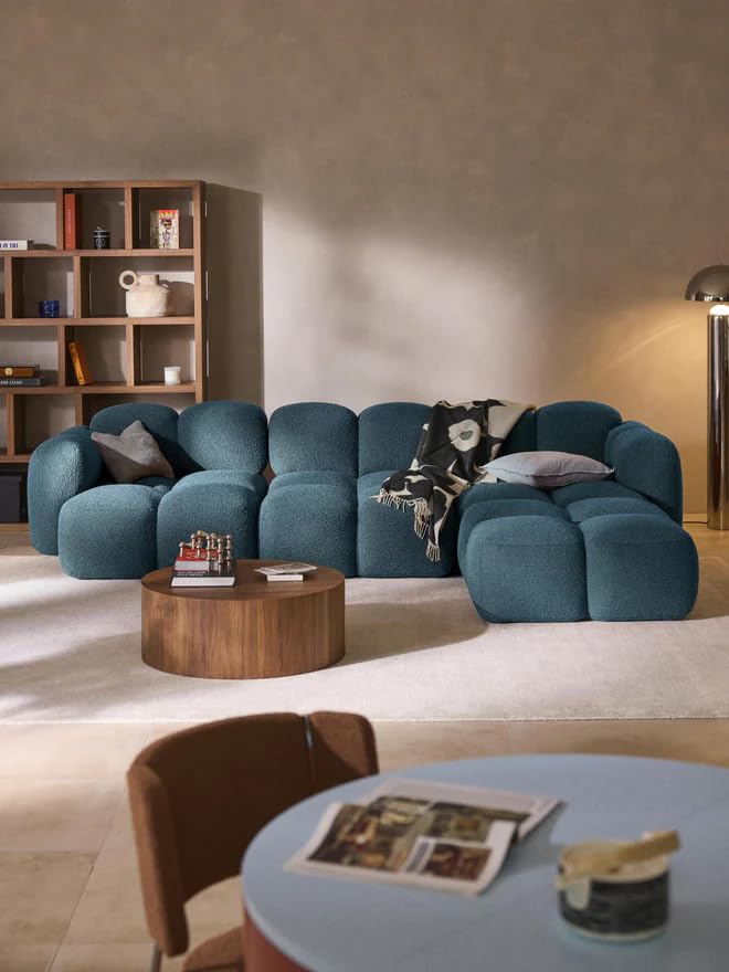 FUNTERIOR Tayla Boucle Fabric Modular Design Comfortable L Shape 4 Seater Sofa Set in Blue | Modern Convertible Sofa for Living Room | Portable & Movable Design | 10-Year Frame Warranty-image-28