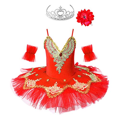 JanJean Little Big Girls Ballerina Swan Lake Costume Rhinestone Ballet Tutu Dress Skirted Leotard Performance Outfit Red 12