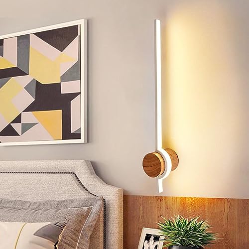 Biała liniowa lampa ścienna z drewnianą podstawą, do sypialni, salonu, łazienki i przedpokoju (77 cm)